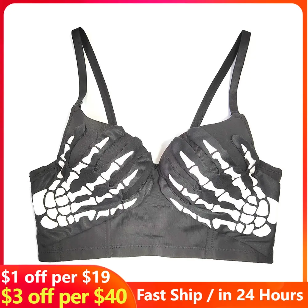 

E-girl Dark Series Retro Skull Ghost Glove Decorative Bra Shaped Body Vest Cool Wind Triangular Cup Fishbone Sling Top Gothic