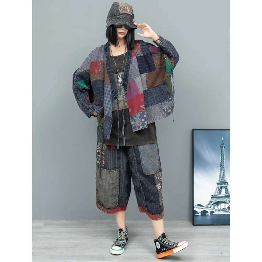 Тканевая куртка с длинными рукавами + брюки длиной до икры комплект из двух