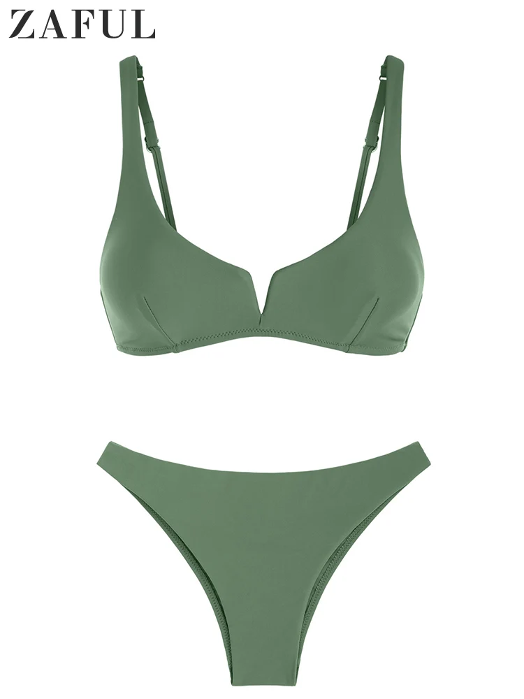 

ZAFUL Women Cheeky Bikini Swimsuit with V Wired Padded Top And Low Waist Bottom Two Piece Swimwear Green Beachwear Bathing Suit