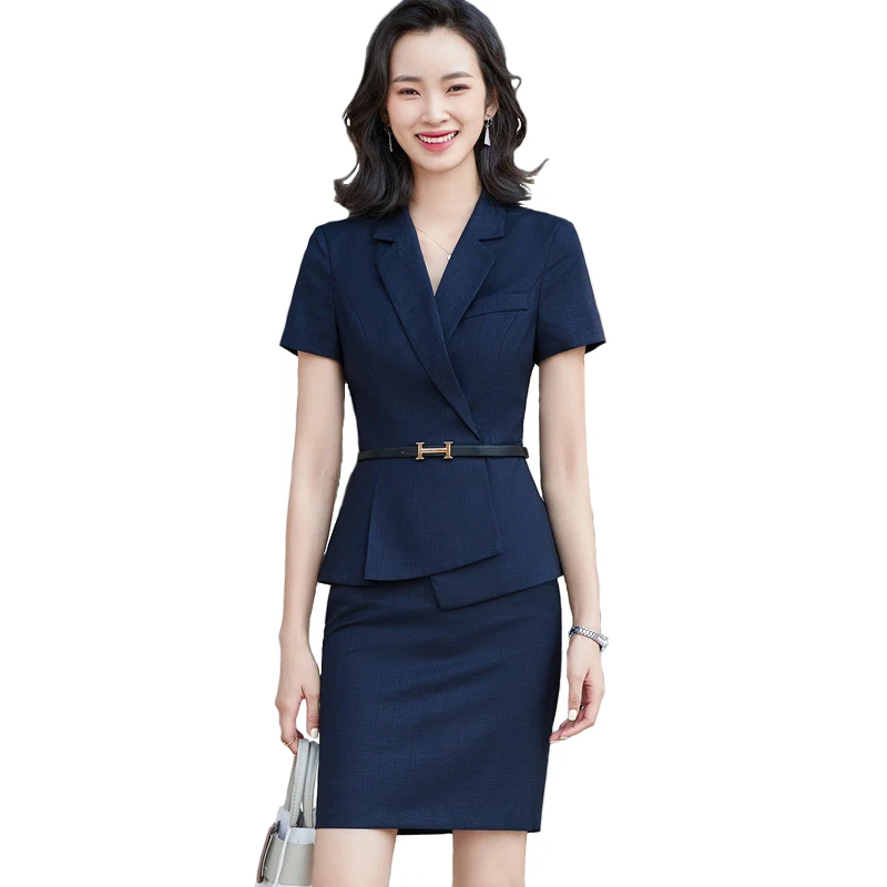 

High End Short Sleeve Professional Skirt Suits Summer Navy Blue Business Formal Slim Blazer And Skirts Office Ladies Work Wear