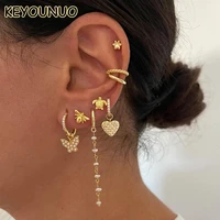 keyounuo gold silver filled earcuff pearl drop earrings for women butterfly heart zircon piercing turtle stud earing jewelry