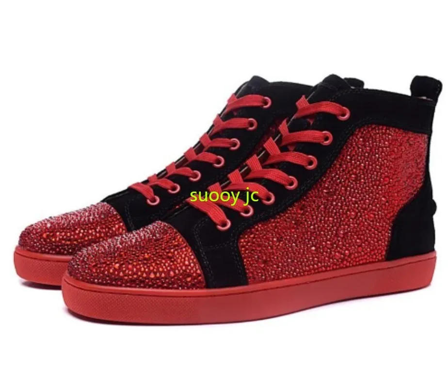 

Beertola Flock Men's Casual Shoes Hot Full Crystal Round Toe Lace Up Red And Black Flats Shoes Men Bling Bling Chaussures Male