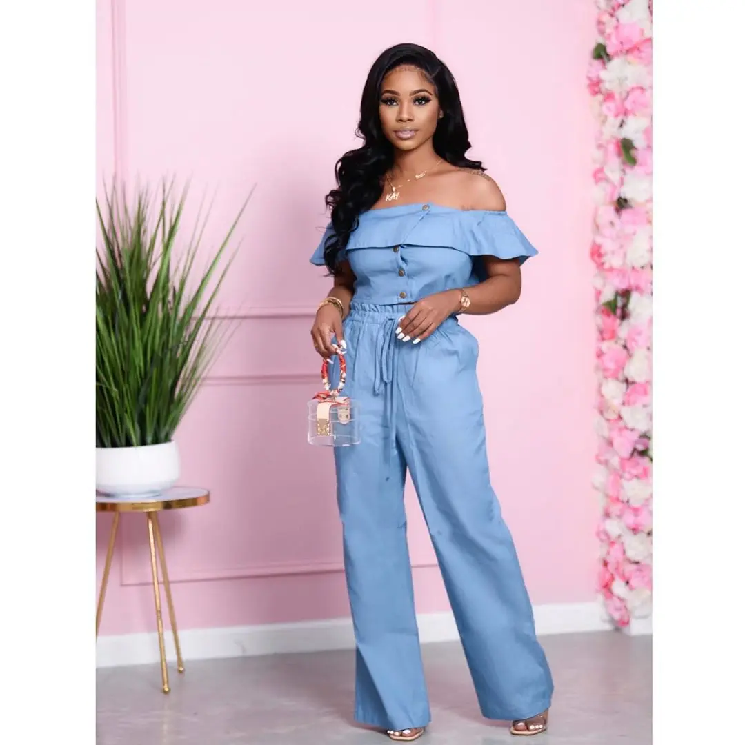 

Matching Set Women Slash Neck Ruffle Top High Elastic Waist Wide Leg Pants Ladies Outfit Summer Slim Streetwear Suit