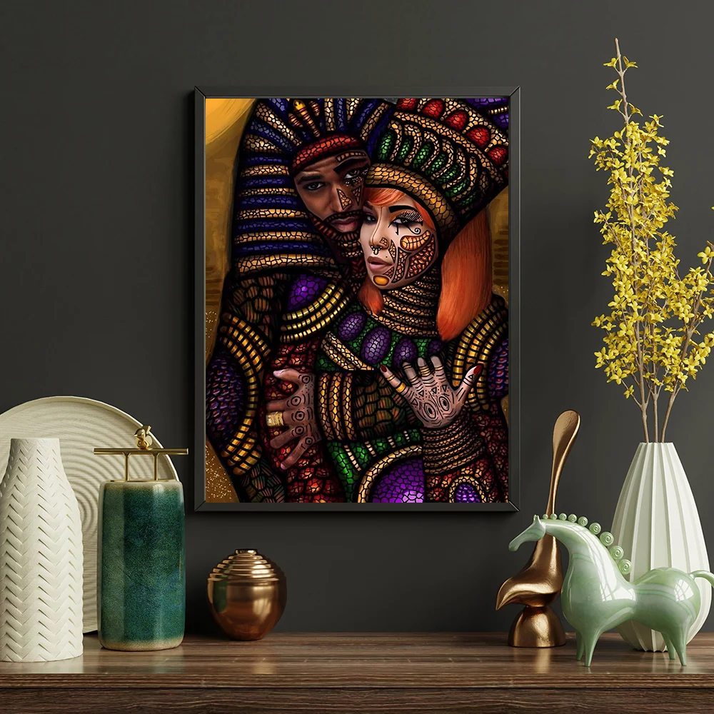 

African Colorful Tattoo Black Woman Portrait Painting Modern Nation Art Canvas Poster for Living BedRoom Home Wall Decor Cuadros