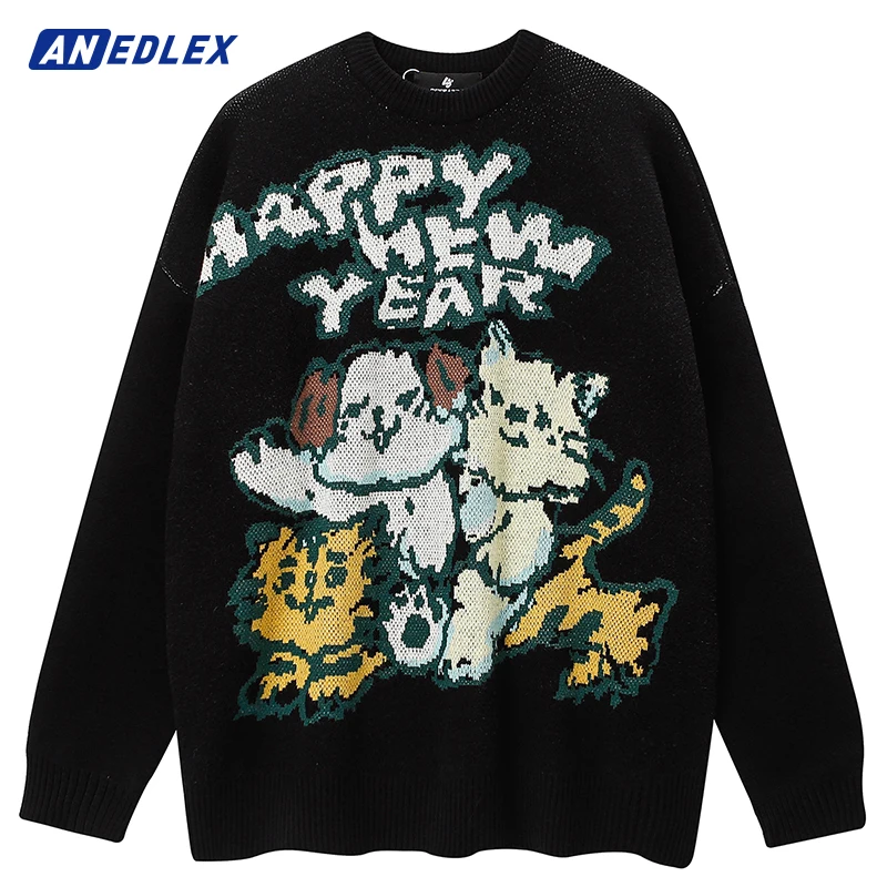 

Мужской вязаный свитер, уличная одежда, пуловер в стиле Харадзюку с принтом кошек и собак, Осенний свободный хлопковый свитер, одежда в стил...