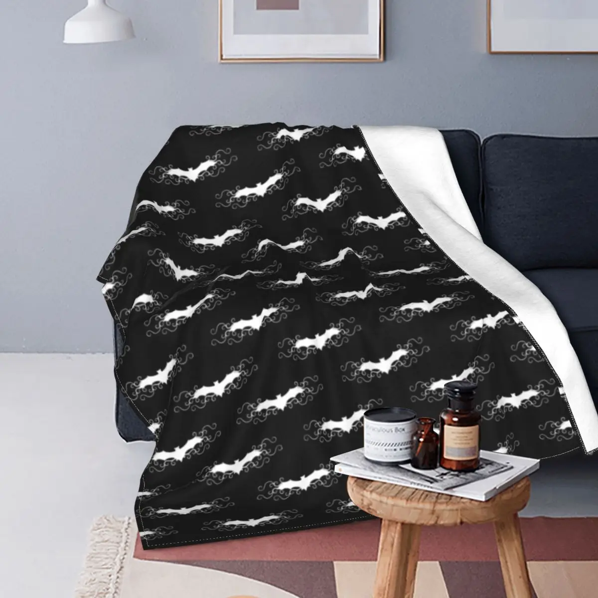 

Gothic Bat Blanket Cute White Bats With Swirls Couch Super Soft Blanket Fashion Cute Fleece Bedspread