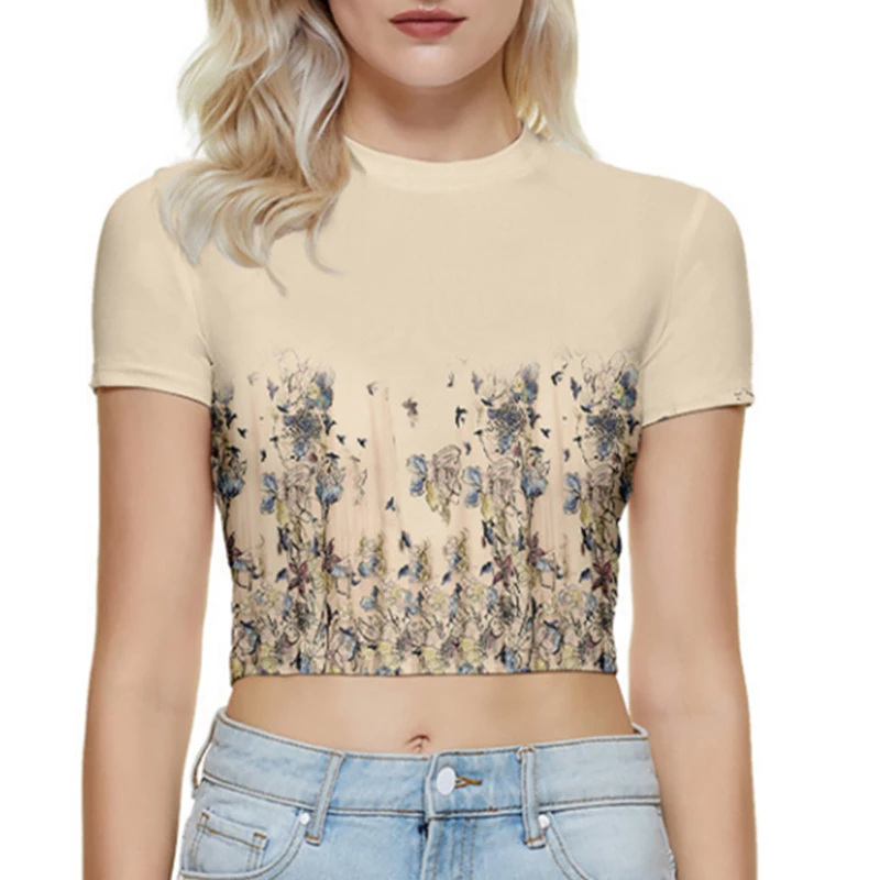 

Summer Sexy Woman Clothes Flower 3D Print Graphic Crop Top Ladies O Neck Short Sleeve Harajuku Tops Streetwear Female Clothing