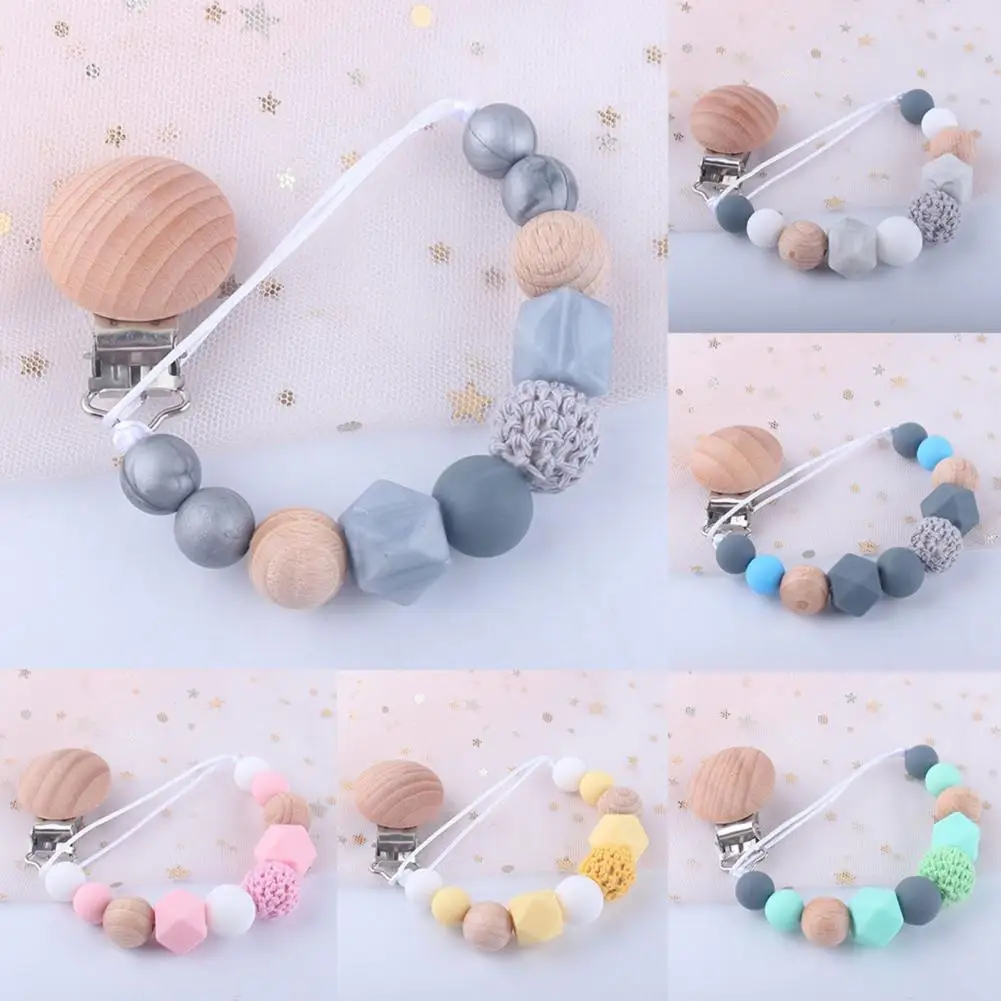 

Lovely Beads Silicone Wood Baby Infant Teether Toy Pacifier Clip Chain Holder