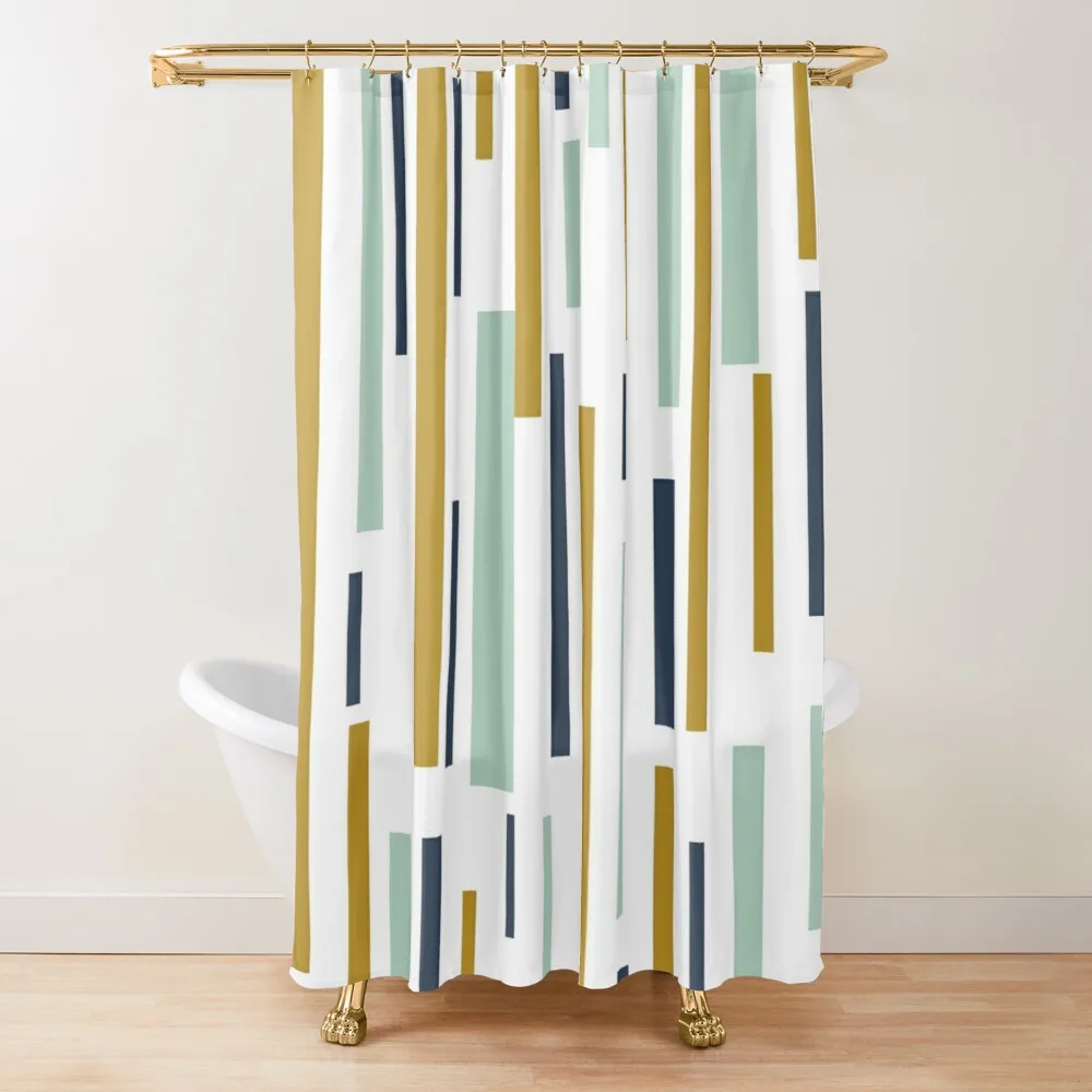 

Mid-Century Modern Minimalist Abstract Pattern In Mint, Blue, And Golden Mustard On White Bathroom Shower Curtains