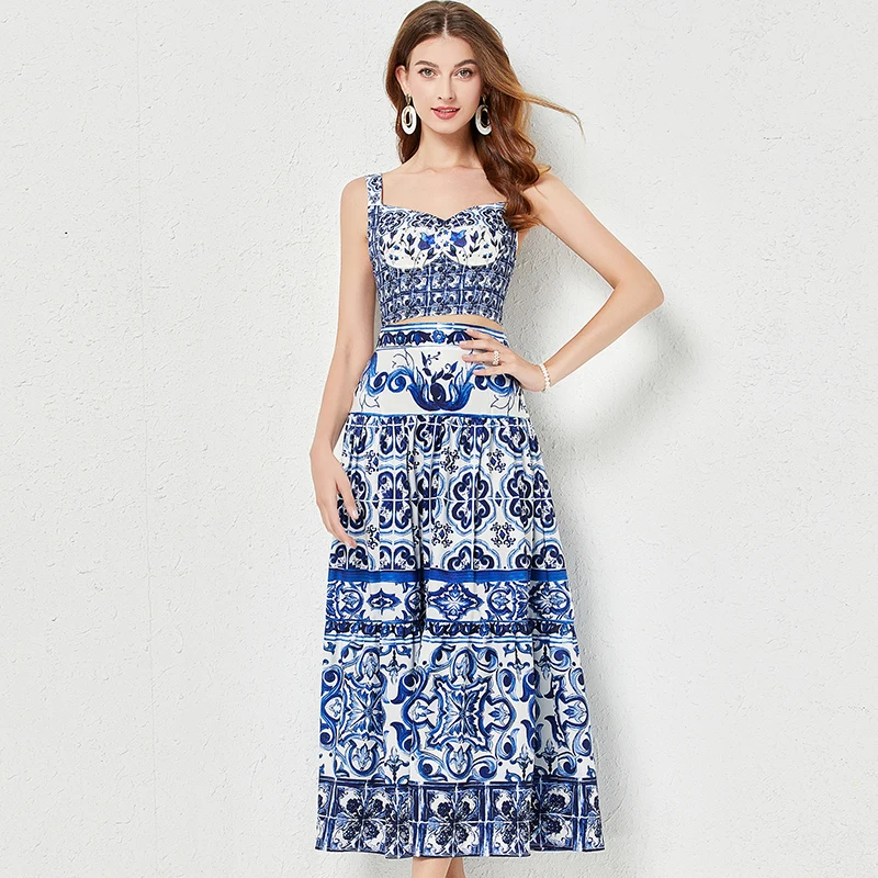 

Summer Holiday Maxi Skirt Suit Women Spaghetti Strap Blue And White Porcelain Print Short Tops + Long Skirts Boho Two Piece Set