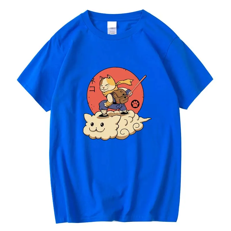 

Men's 100% Cotton Anime T-Shirt Samurai Cat Print Short Sleeve Casual Loose High Quality Men's T-Shirt