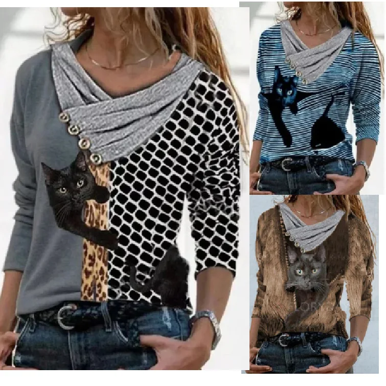 

Women's T-Shirt 2023 Spring Summer New Dandelion Print Long Sleeve Top Casual Leopard Splicing Loose Cross V-Neck Buttons Blouse