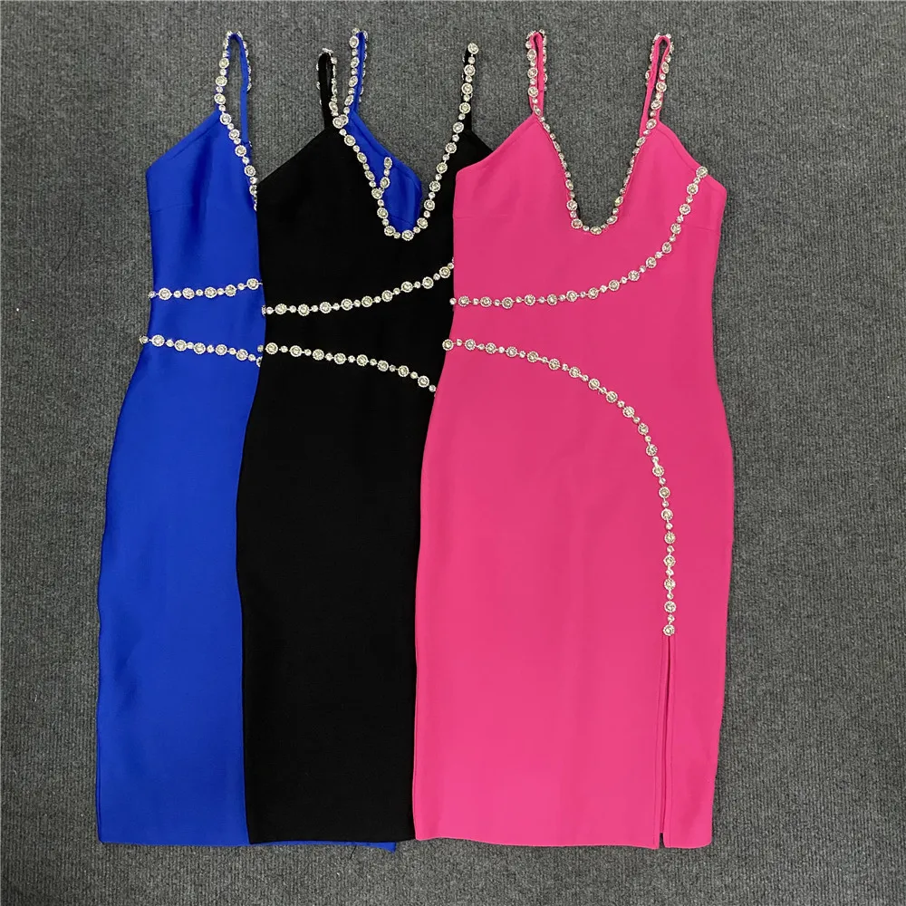 

High Quality 2023 Celebrity Blue Black Sparkly Beading Bodycon Rayon Bandage Dress Elegant Evening Party Dress Vestidos Dress in