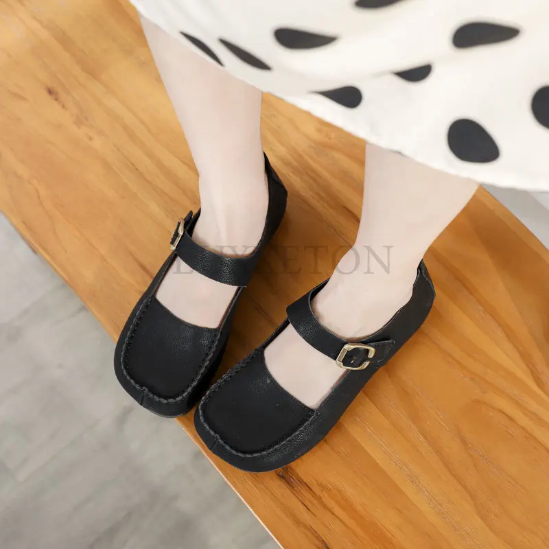 Genuine Leather Mary Jane Shoes For Women Spring Luxury Designers Handmade Sewing Soft Sole Buckle Ladies Retro Shoes