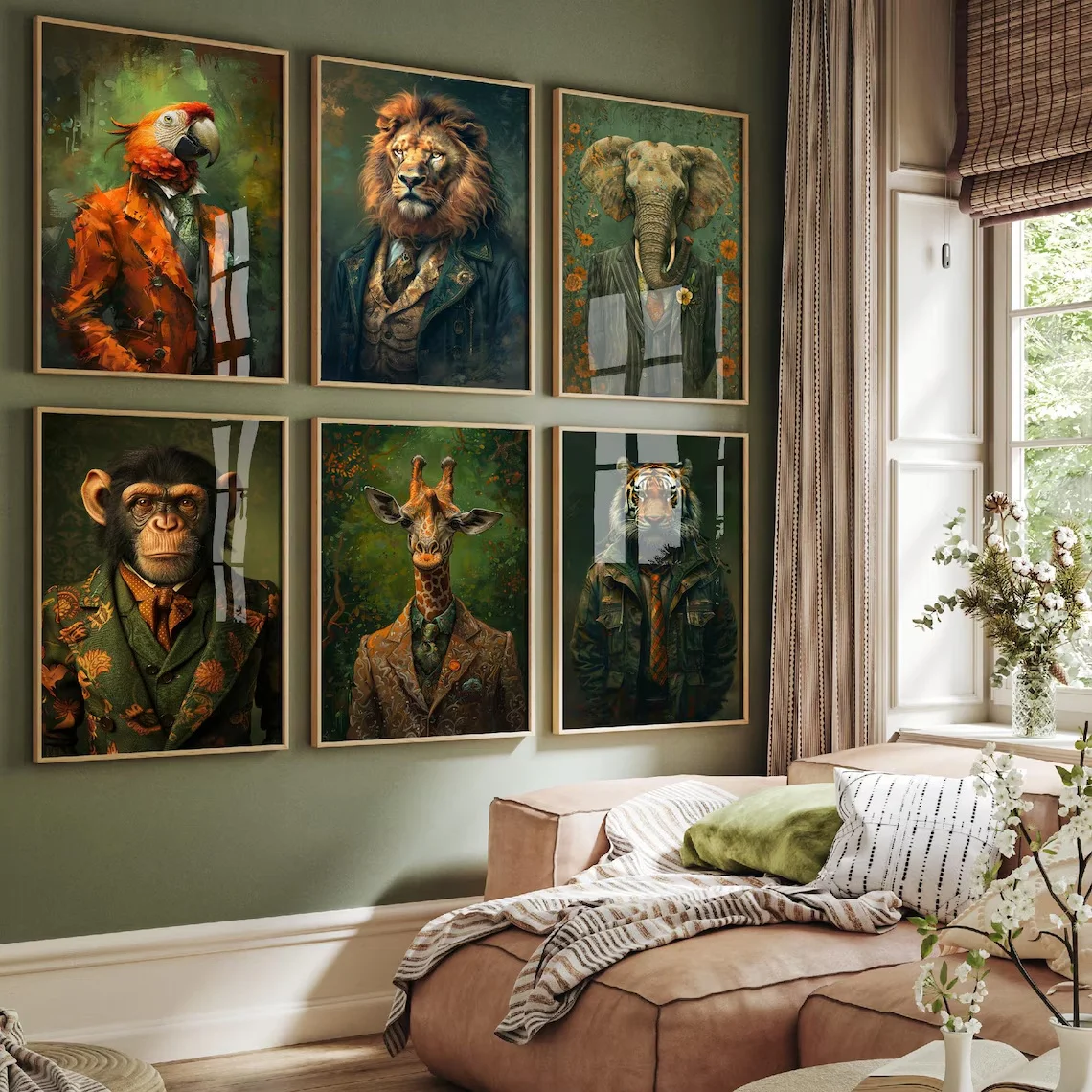 

Набор Из 6 Холстов С Анималистичными Принтами — Лев, Слон, Тигр, Жираф, Обезьяна, Попугай. Настенный Декор