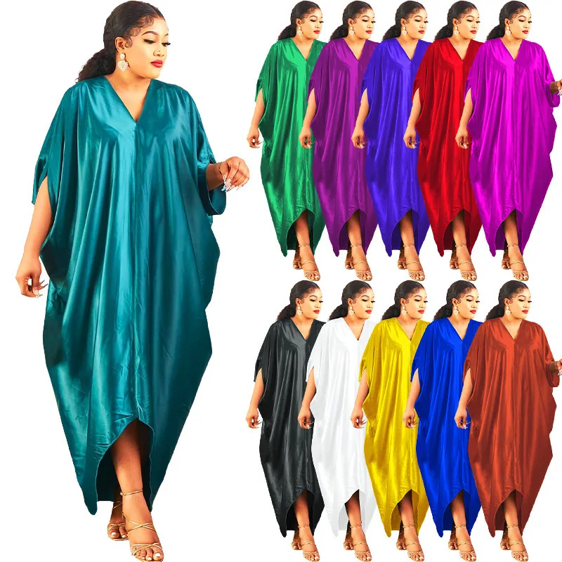 

Summer New Plus Size Long Loose Sexy Women's Solid Color V-neck Women Dress