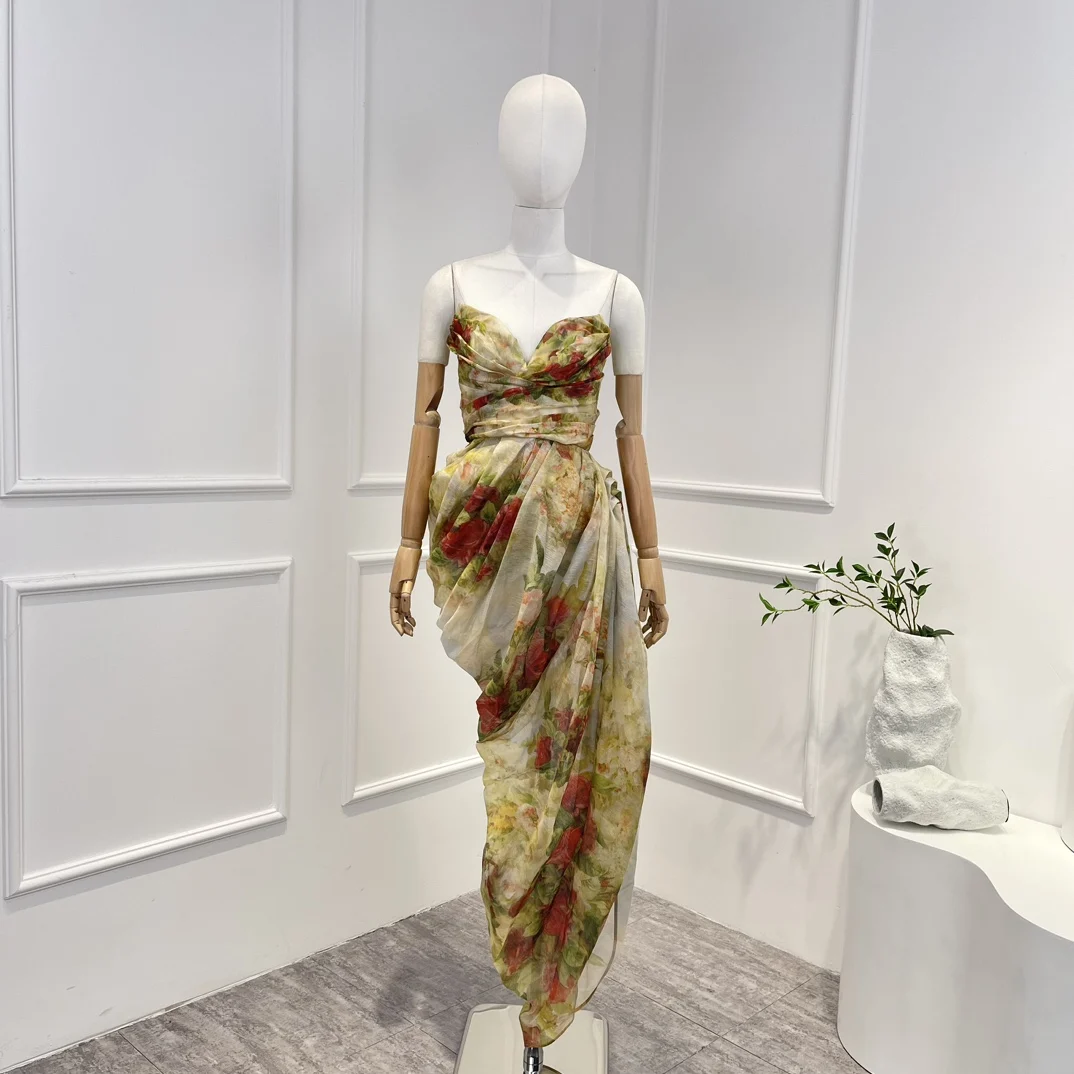 

Женское Плиссированное мини-платье, шелковое, льняное, без рукавов, с асимметричным подолом и вырезом сердечком, 2023