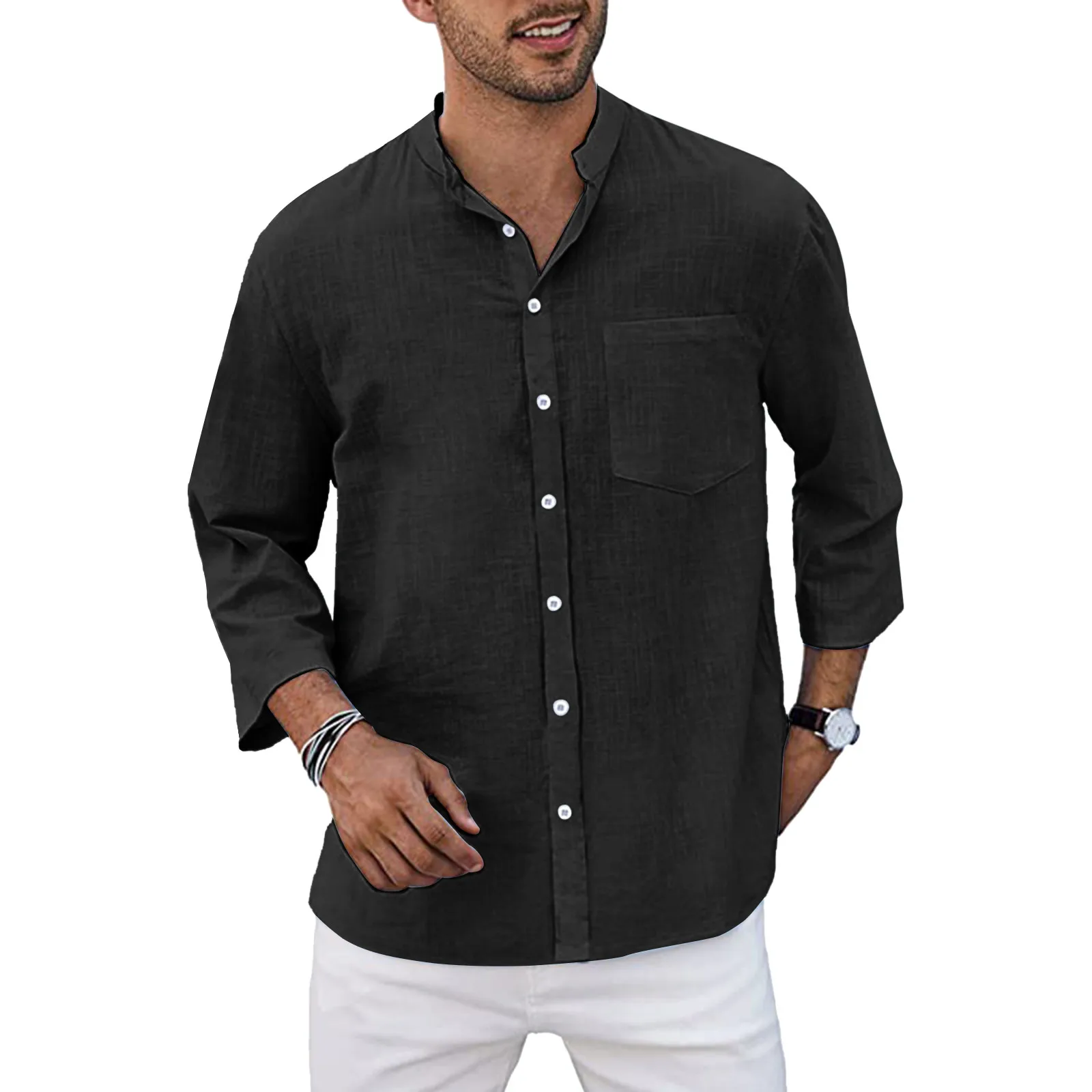 

Blue Tee Mens Fashion Casual Cotton And Linen Buckle Solid Color Nine Sleeve Shirt Shirt Top Shirt for Men Purple