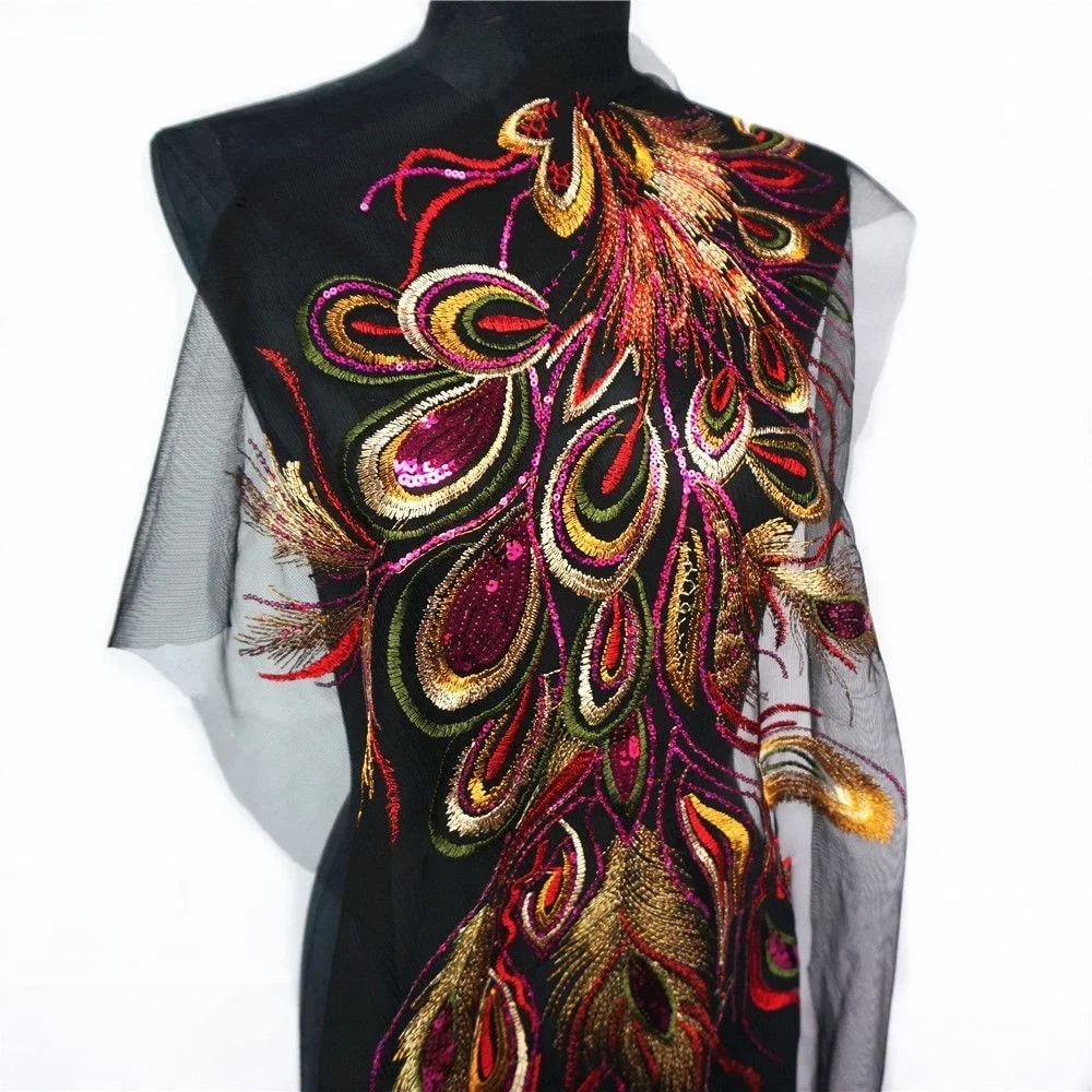 Красно-синие блестки вышитые Феникс перо павлина черное Сетчатое свадебное