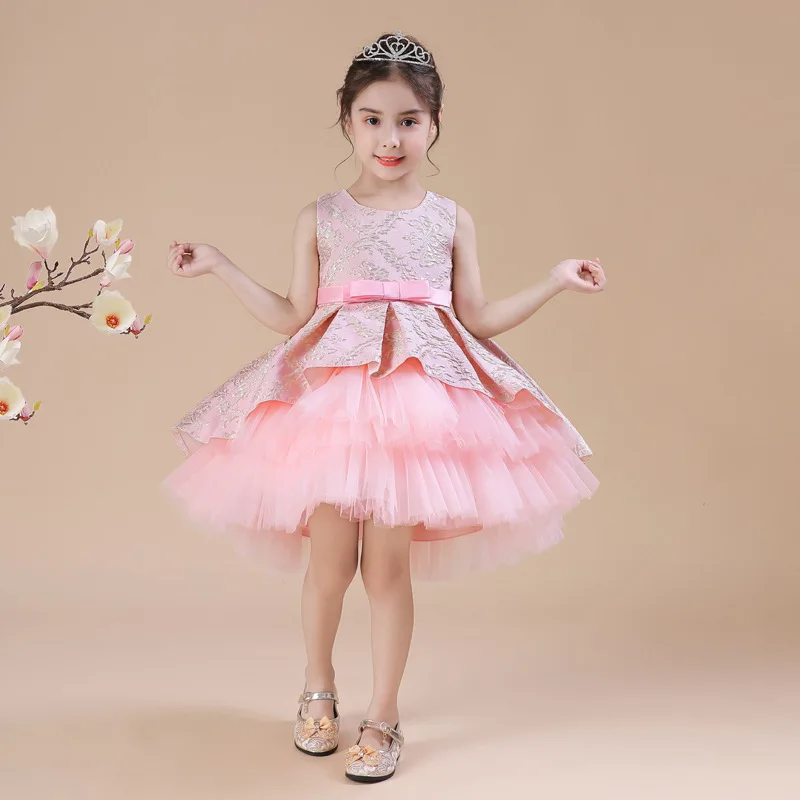 

Pink Sleeveless Print Satin Hi-Lo Flower Girl Dress Toddler Formal Baptism Tulle Tutu Ball Gown for 2-12Years Old