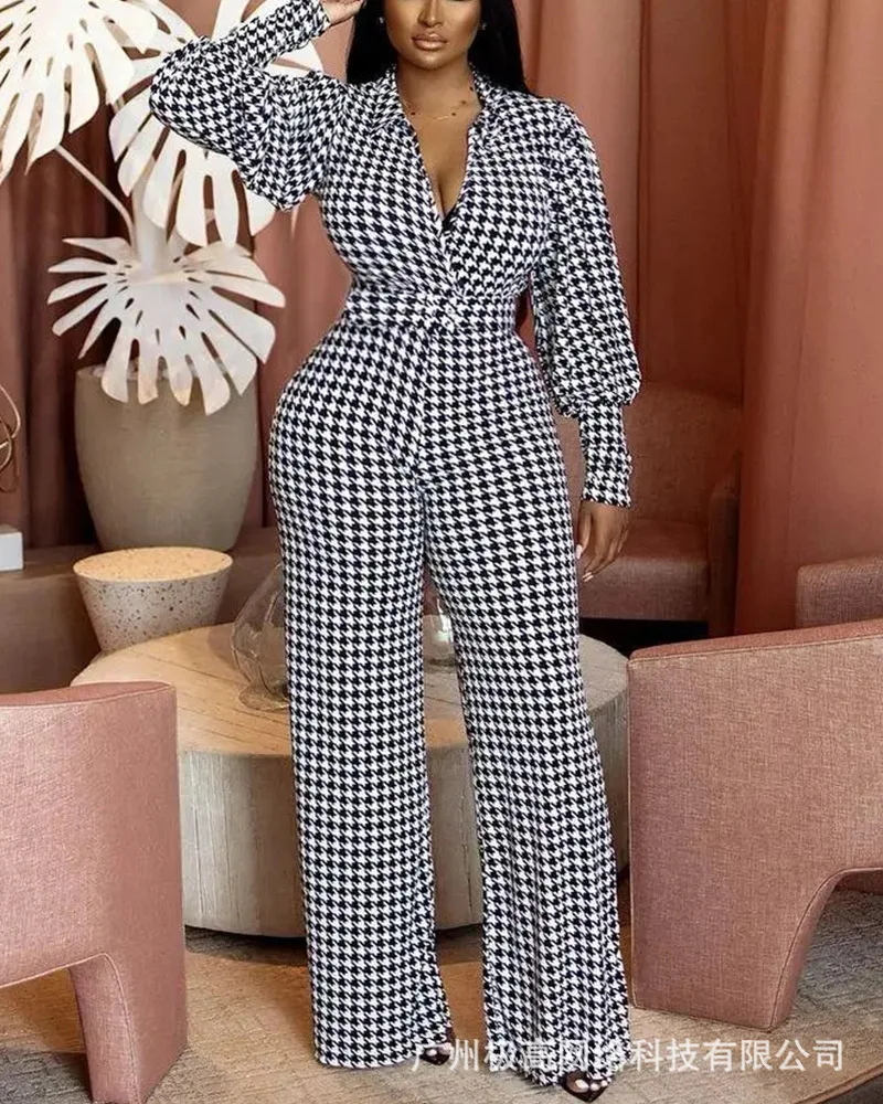 

Women's Jumpsuit Spring 2022 New Office Lady Long Sleeve Thousand Bird Check Jumpsuit
