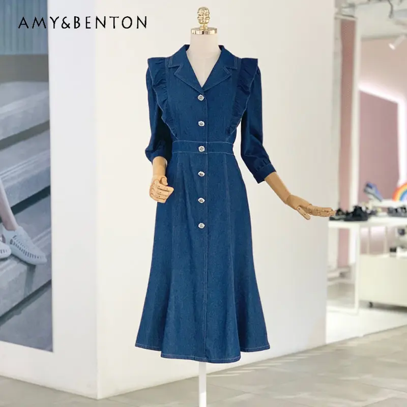 Fashion Ruffles Slim Waist Denim Dress 2023 Spring Summer New Elegant 3/4 Sleeve Casual Single-Breasted Mid-Length Dress