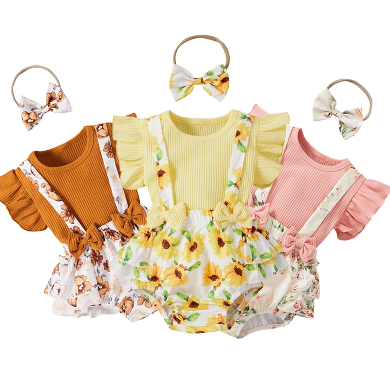 

Newborn Kids Baby Girls 3PCS Sets Floral Printed Clothes Knitted T shirt Tops Suspenders Shorts Headband Outfit Set Summer New