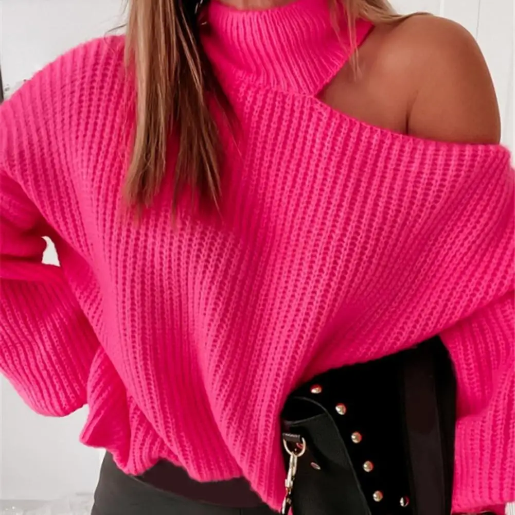 

Пуловер женский с длинным рукавом, свободный свитер с воротником-стойкой, с открытыми плечами, джемпер на осень и зиму