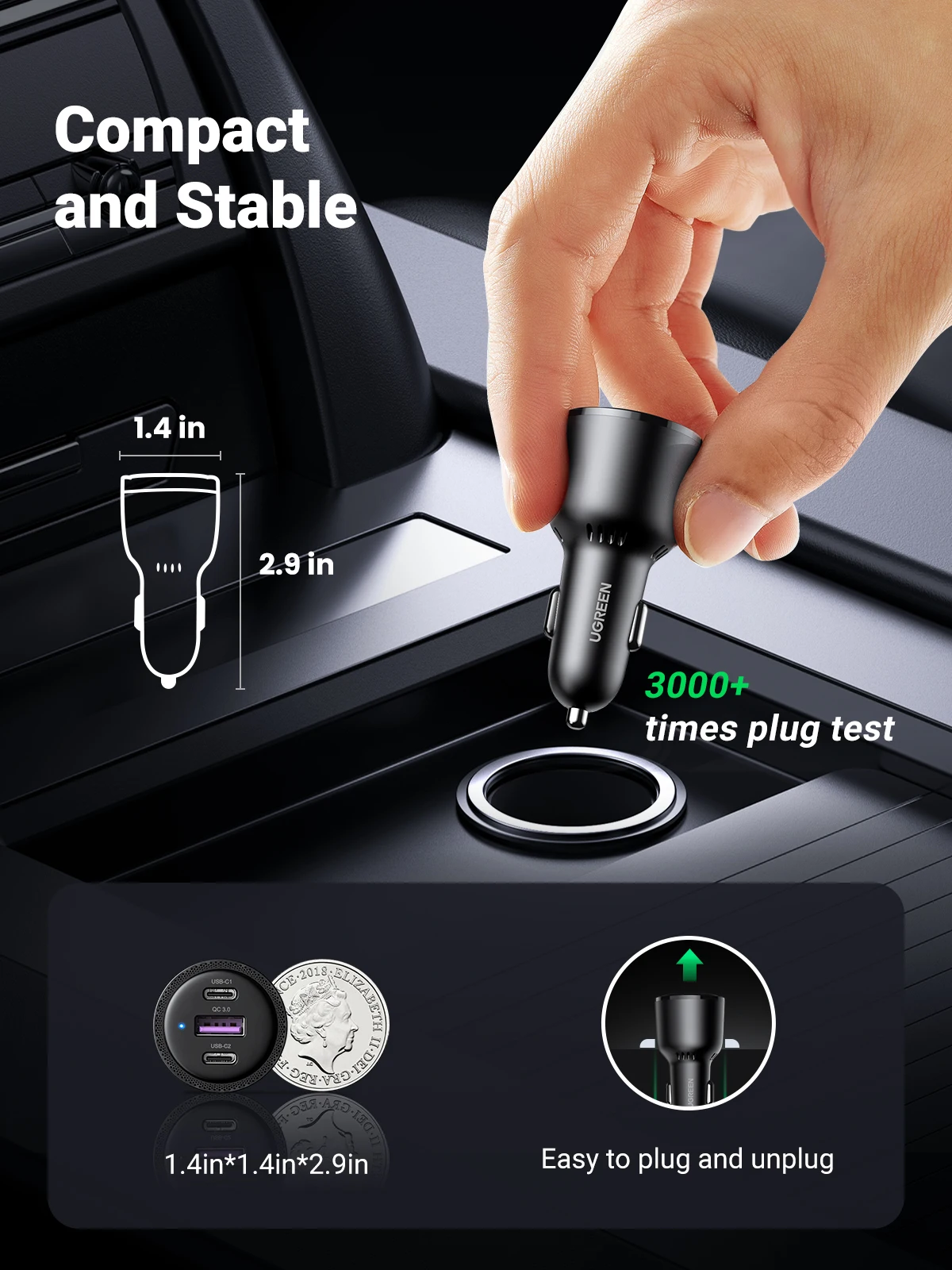 ugreen 69w car charger usb type c dual port pd qc 4 0 3 0 fast charging for laptop car phone charger for iphone 13 12 samsung free global shipping