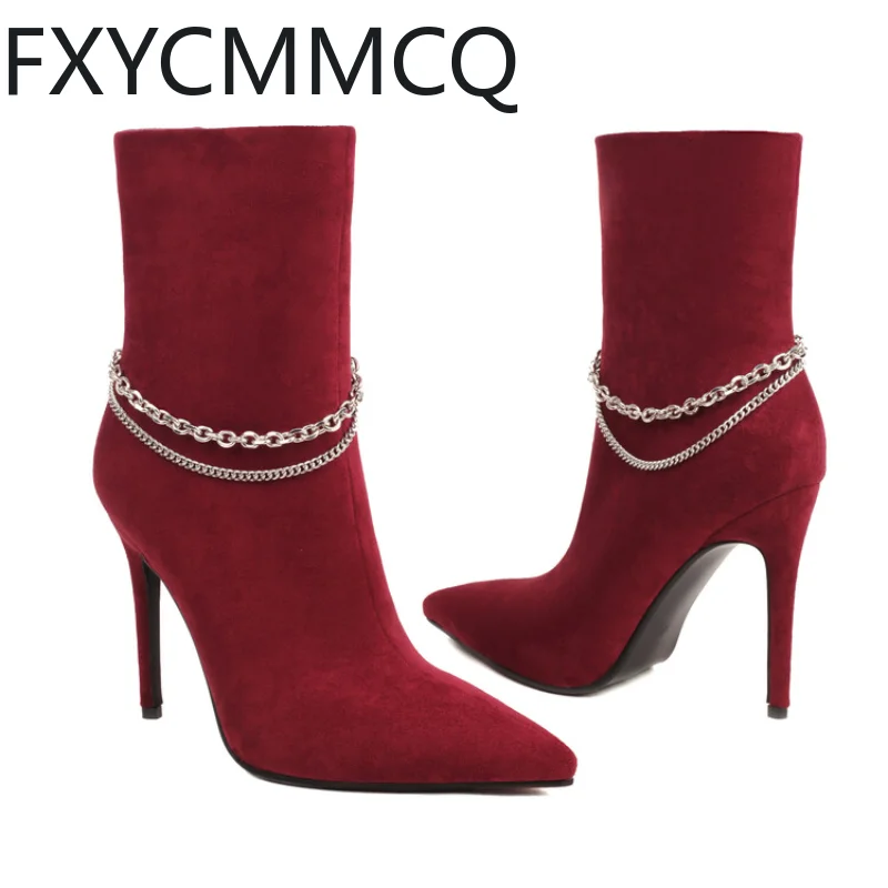

FXYCMMCQ 2023 New Women's High-heeled Ankle Boots with Pointed Metal Embellishment (over 8cm) Sizes 34-43 -X05-11