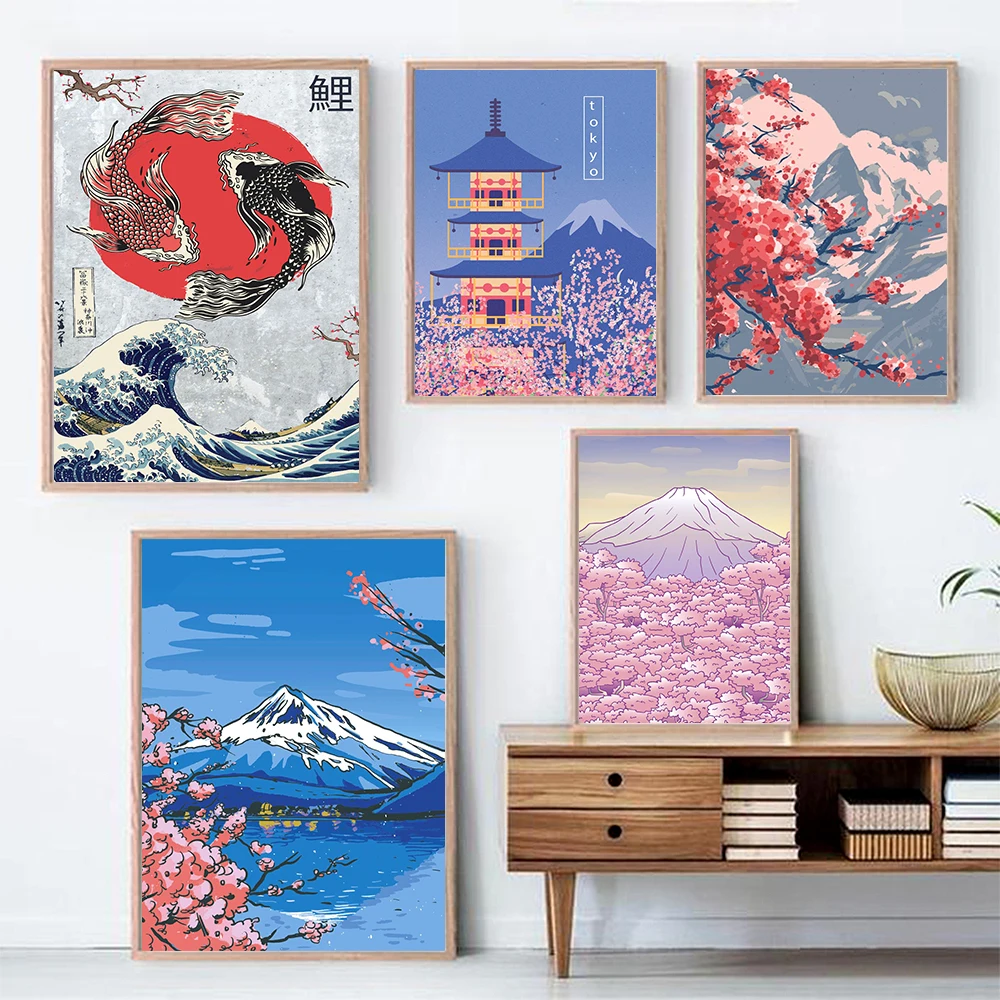 

Japanese Travel Canvas Prints Sakura Mount Fuji Fish Art Poster Painting Tokyo Temple Retro Wall Pictures For Living Room Decor