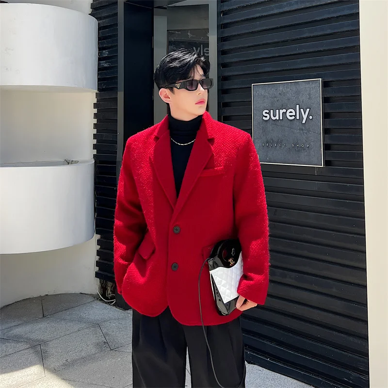 Осенне-зимний красный шерстяной утолщенный мужской костюм High Sense в Корейском