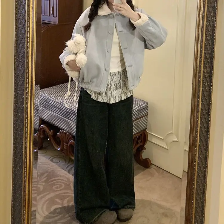 Голубое двустороннее замшевое теплое пальто из овечьей шерсти осенне-зимнее