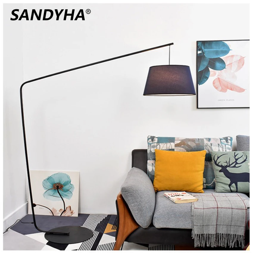 

SANDYHA Nordic Modern LED Fishing Floor Lamp Black Iron Art Cloth Cover Standing Home Decor Dinning Living Bedroom Study Lights