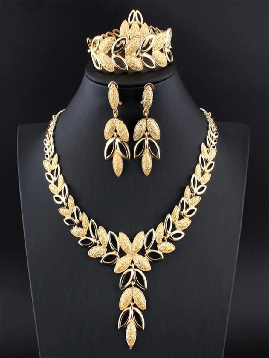 

New fashion leaf alloy necklace earrings ring bracelet set of four High-grade alloy jewelry accessories for woman