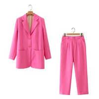2022 spring and autumn new high quality womens office suit pants two piece set fashion double pocket ladies jacket casual pants
