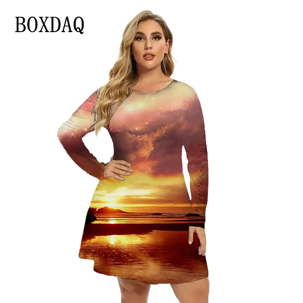 

2023 New Autumn Dresses Women Tie Dye Landscape Print Dress Long Sleeve O-Neck Natural Scenery Dress Loose Plus Size Clothes 6XL