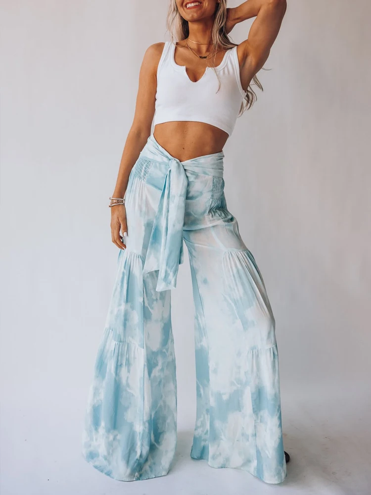 

Women 2022 Spring Summer Elegant Lace-up Trousers Vintage Bohemian Style Print Loose Pants Casual Fashion Female Wide Leg Pants