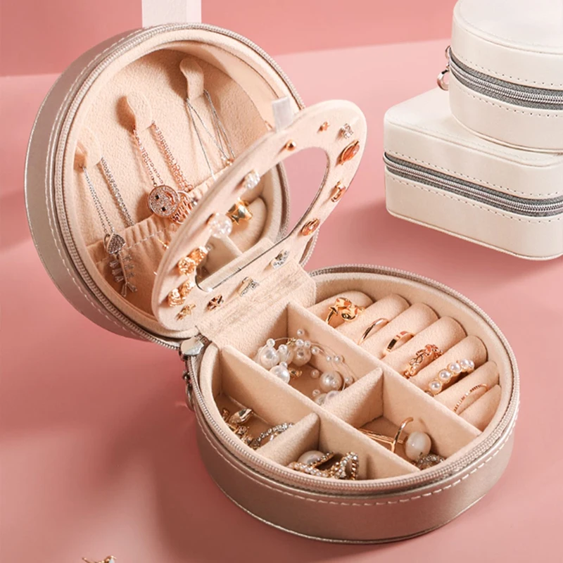 

Travel Jewelry Case with Mirror Double-Layer Portable Organizer Display Storage Boxes Button PU Leather Packaging Holder