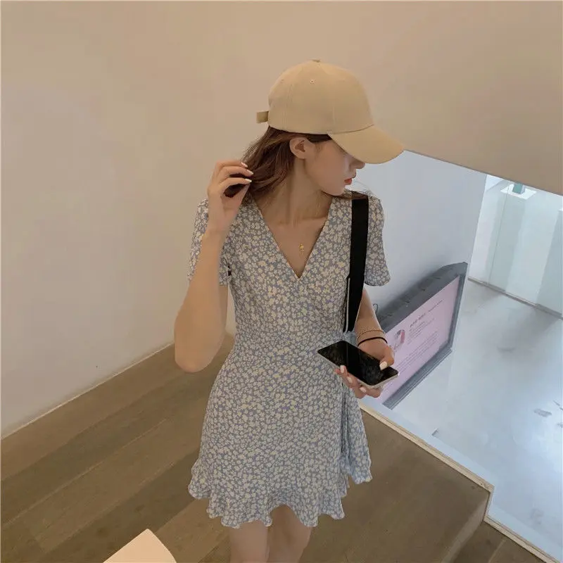 

Dresses for Women 2023 Mini Ruffle Floral Woman Dress Flower Short Clothes Outfits Vintage One-piece Hot Chic and Elegant Pretty
