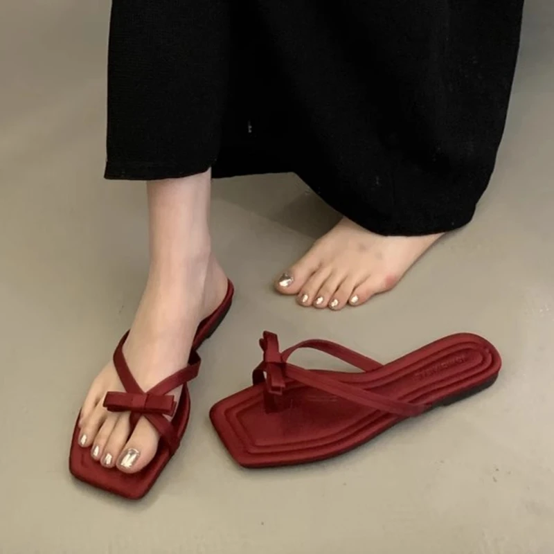 Тапочки на плоской подошве с бантом модная женская обувь повседневные летние