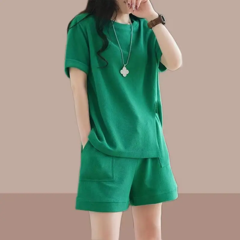 

Женский летний костюм, Корейская версия, свободная футболка с круглым вырезом и коротким рукавом, повседневный комплект из двух предметов, Женский костюм с шортами, костюм A362