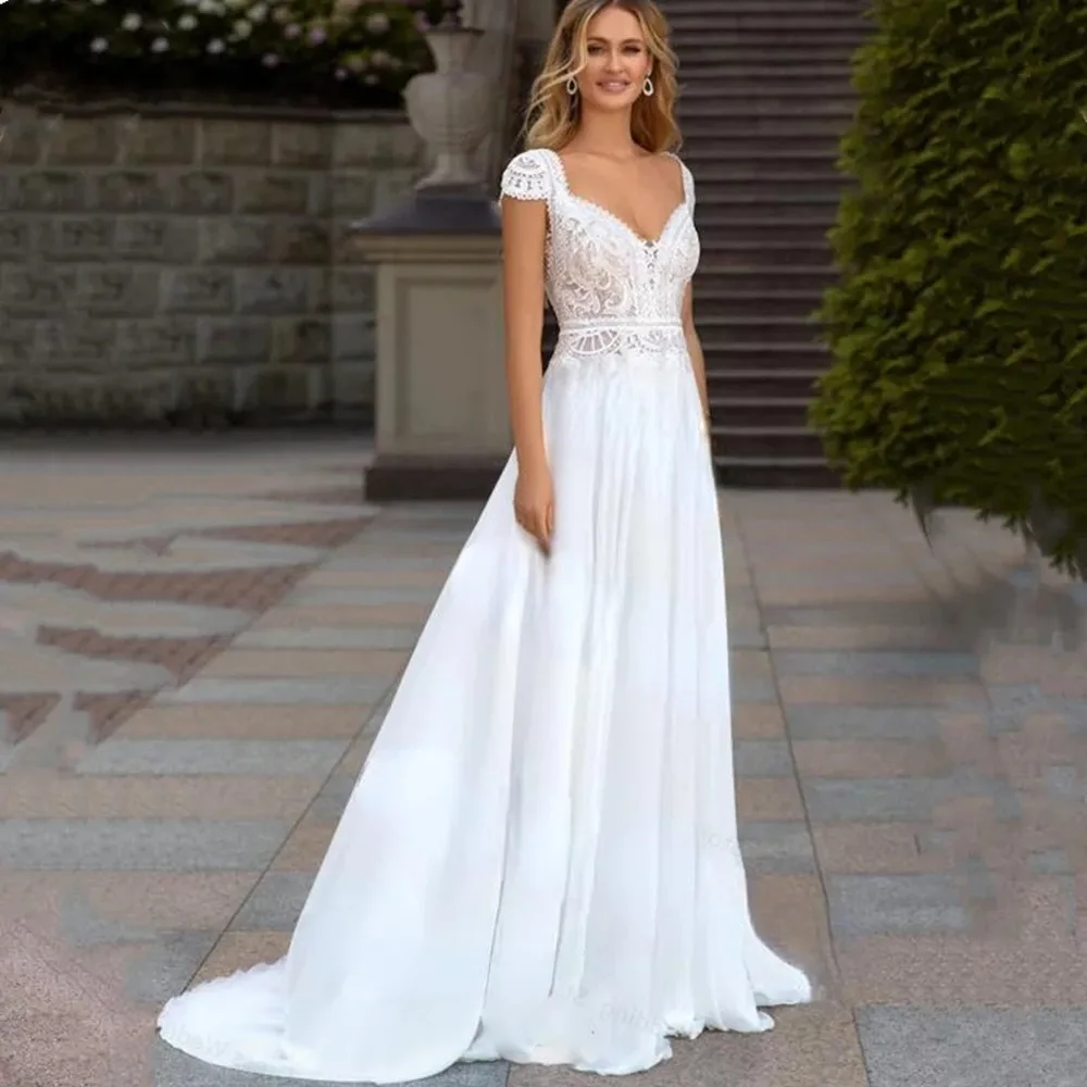 

Boho Lace Chiffon V-Neck Wedding Dresses 2022 Backless Beach Bride Dress Cap Sleeve Sweep Train Bohemian Robe De Mariee A Line