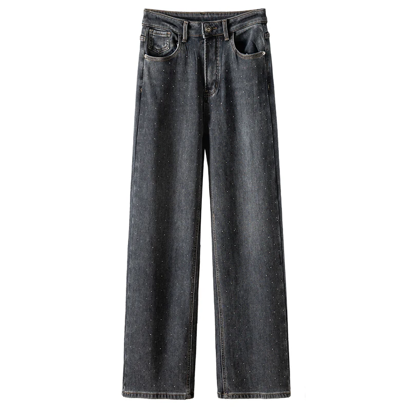Shiny Jeans Women  Full Length  HIGH Waist Winter Cotton  Polyester  Wide Leg Pants  High Street Denim Distressed  Zipper Fly