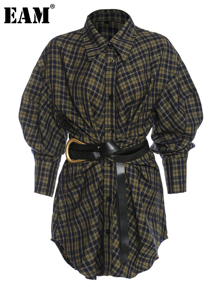 

[EAM] Women Big Size Blue Plaid Shirt Dress New Lapel Long Sleeve Loose Fit Fashion Tide Spring Autumn 2023 1DD0727