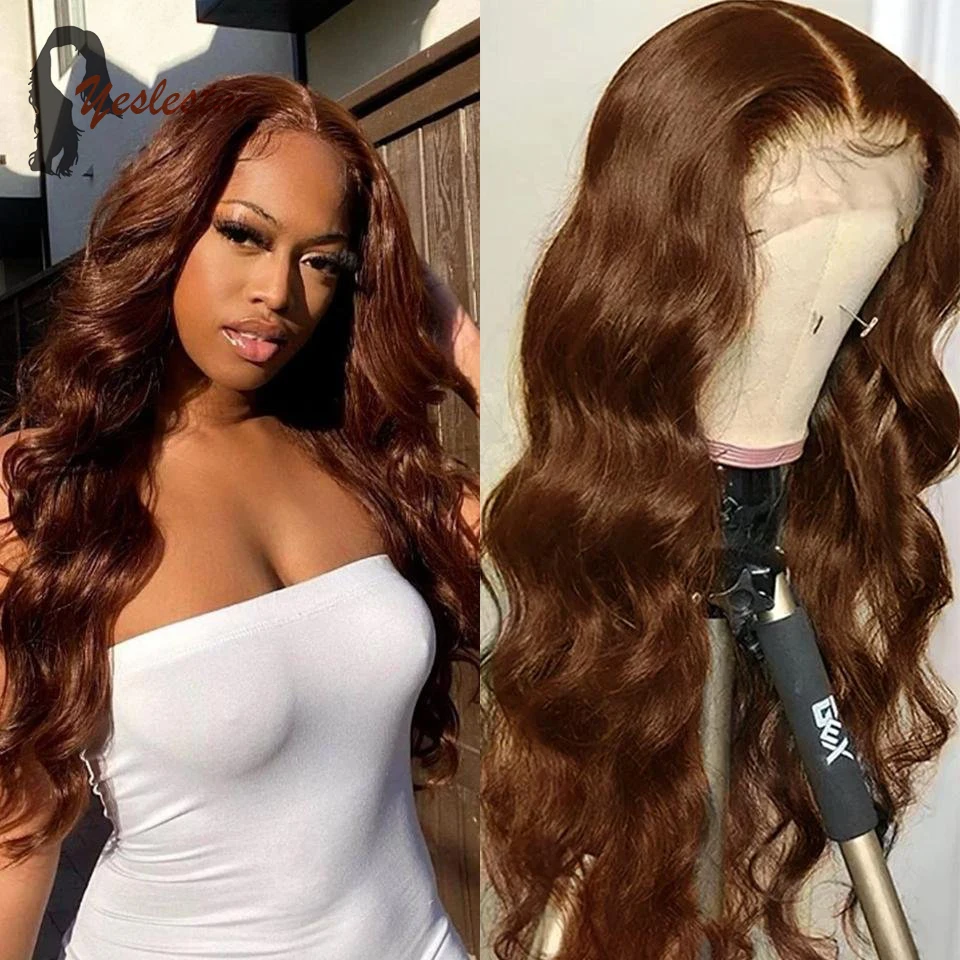 

34 Inch Body Wave Wig 4# Chocolate Brown Human Hair Wigs For Women Pre Plucked 180 Density Transparent Lace Front Wig