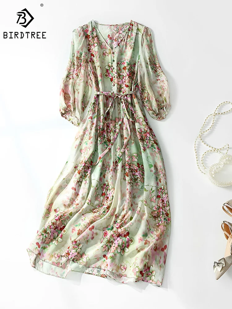 Birdtre 100%Real Silk Elegant Fashion Dresses V-neck Women's Floral A-line Half sleeve Midi Dress Women Spring Summer D37435QM