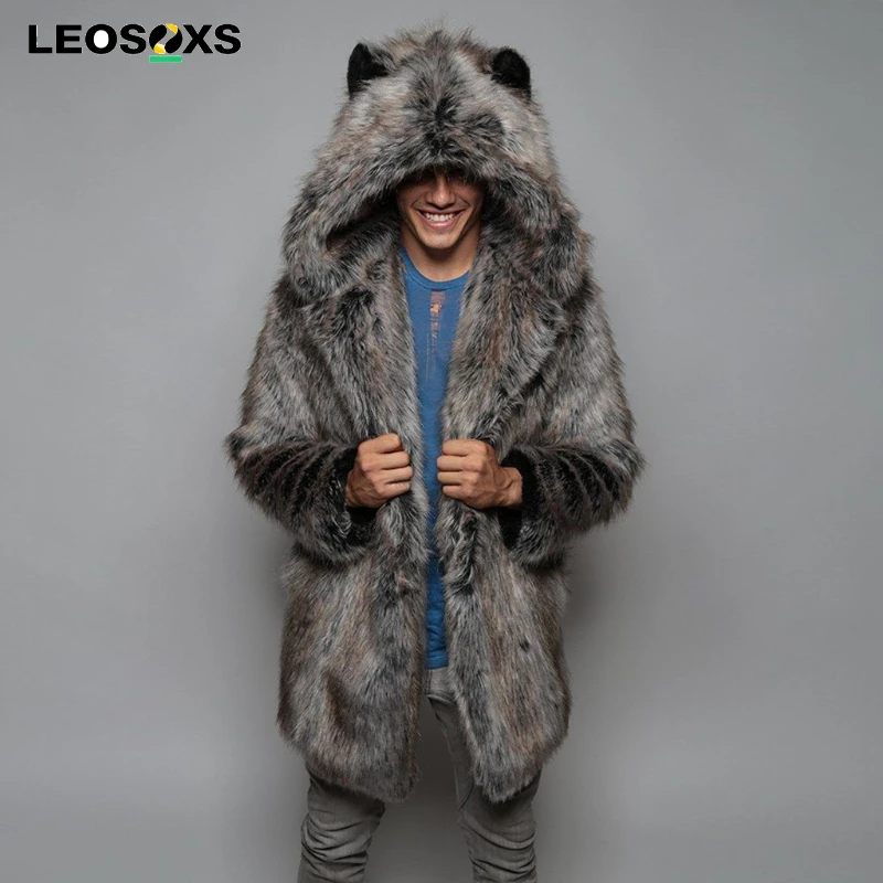 Фото Мужская теплая куртка LEOSOXS Y2K с капюшоном и длинными рукавами, плюшевый пушистый кардиган, повседневная парка, зимняя меховая куртка для снежной погоды №2