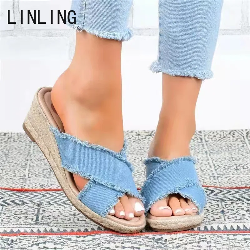 

"2022 New Cowboy Slippers Women Fashion Wedges Heels Casual 2022 Ladies Open Toe Slides Sandal Slip On Design Summer Mujer "