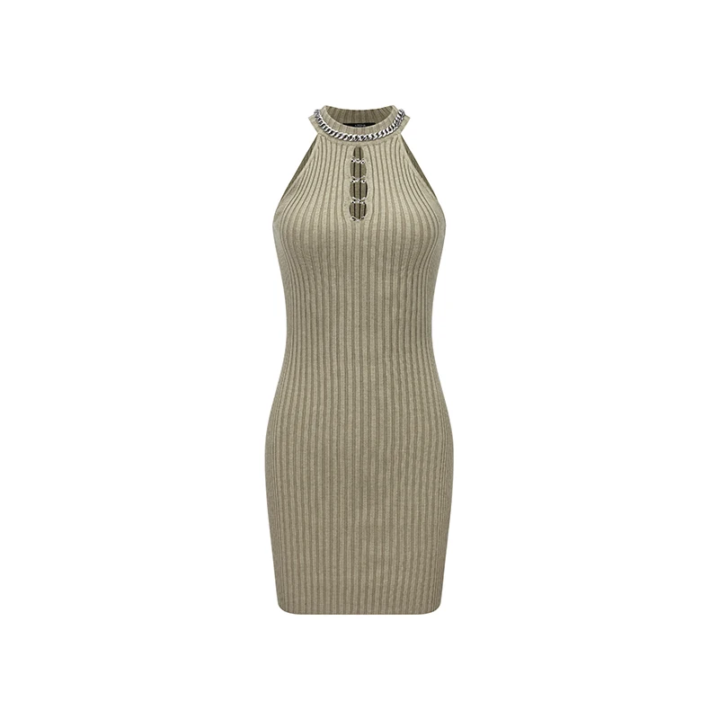 

Sexy Hot Girl Knitted Chain Hooks Vest Dress Halter Short Sleeve Sleeveless Khaki round Neck